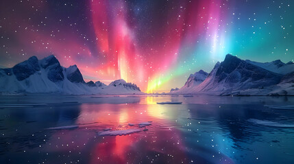 The Northern Lights captured using HDR techniques, showing vibrant colors streaking across a star-filled sky over a snowy landscape