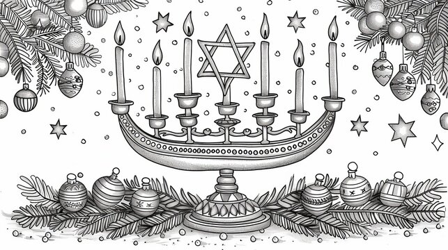 Holidays & Celebrations Coloring Book: A coloring page featuring a Hanukkah menorah with candles, dreidels, and a Star