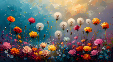 Fototapeta na wymiar Whimsical Wind Whispers: Oil Painting of Dandelions, Tulips, and Daisies