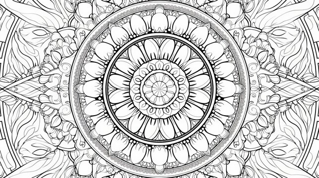 Mandala: A coloring book page showcasing a mandala with a mystical theme