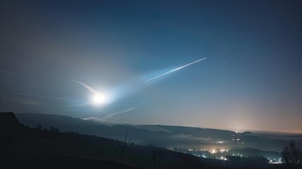 Shooting down a rocket in the sky above the calm lake under the starry sky at dusk