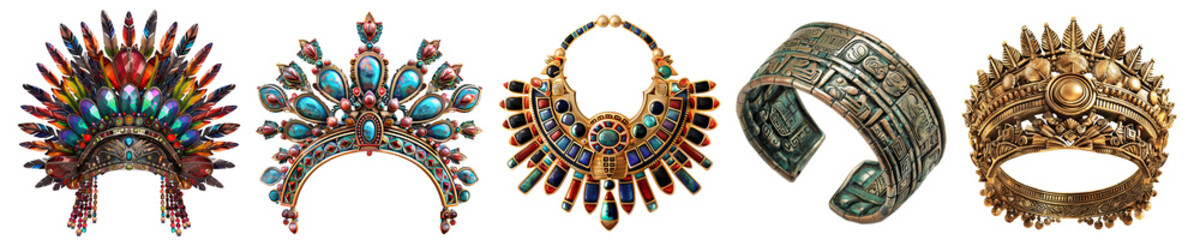 Obraz premium Collection of aztec jewelry cutout clipping path png isolated on white or transparent background