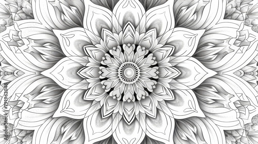 Poster mandala coloring book (grayscale): a mandala design featuring geometric patterns and repeating shape