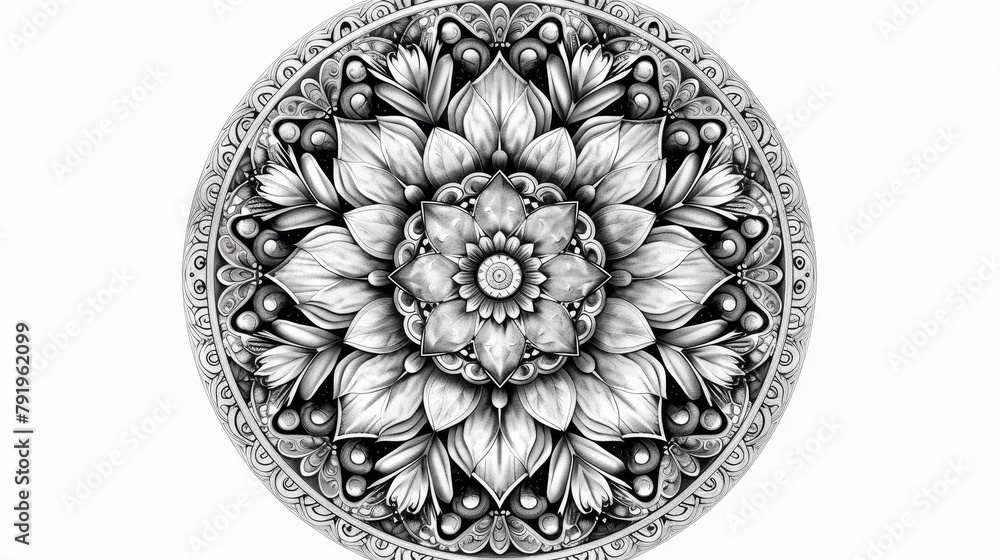 Poster mandala coloring book (grayscale): a beautiful circular mandala design featuring intricate patterns 