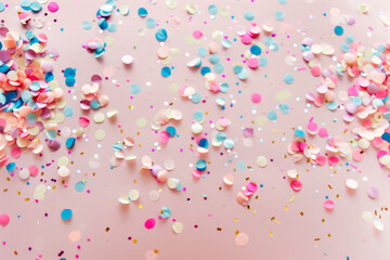colorful confetti falling over the pink background. High quality photo