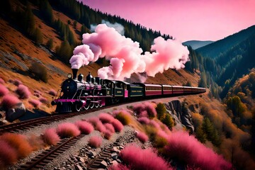 pink steam train in the mountains