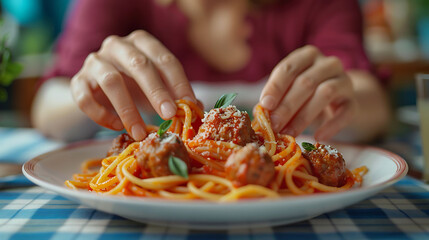 Food pop art photography, Female hands tasting spaghetti with meatballs on plaid tablecloth...