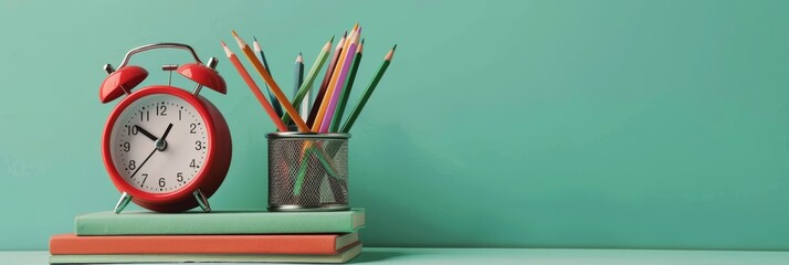 A red alarm clock sits alongside colored pencils neatly arranged in a metallic pencil holder on a desk, accompanied by a stack of books
 - Powered by Adobe