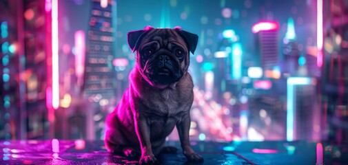 A wide angle shot of a cute pug sitting on background of a blurred cyberpunk city panorama with bright neon lights. Retro synthwave vibes. Futuristic wallpaper. - obrazy, fototapety, plakaty