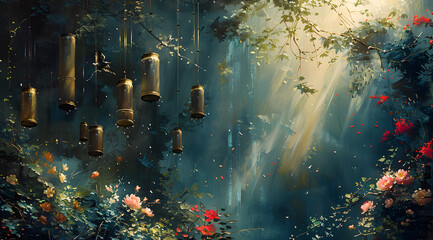 Serenade of Nature: Oil Painting Depicting Wind Chimes and Ribbons in a Calm Garden