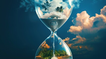 An hourglass timer sits on a wooden dock. The top half of the timer is filled with clouds and the bottom half is filled with a beach scene including sand, palm trees, and the ocean.

