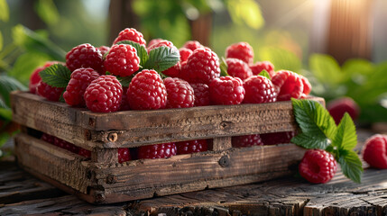 Fresh raspberries in a wooden box on a garden table, Ultra high definition vision
