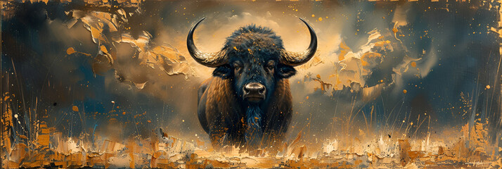 Oil Painting of a Buffalo,
Painting of a bull with horns standing in a field with a sky background