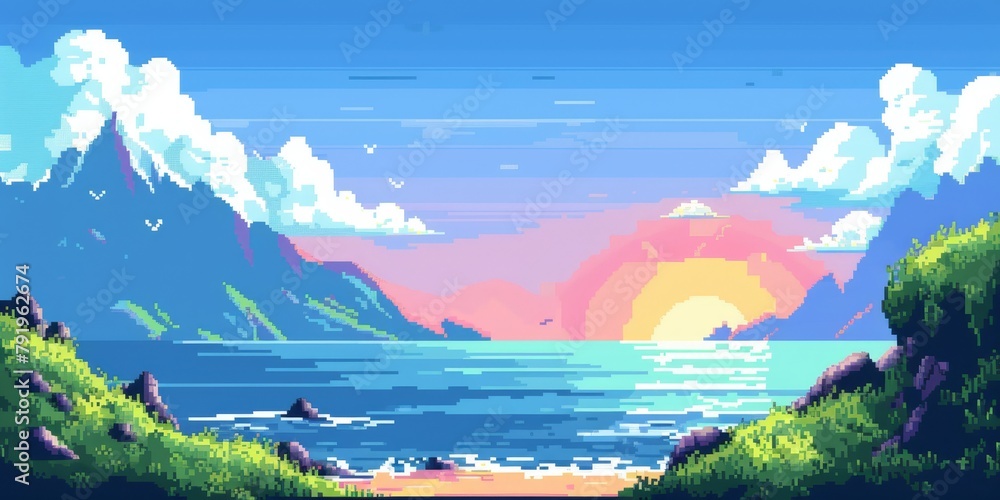 Aufkleber a computer generated image of a mountain range with a body of water in the foreground. the sky is a 