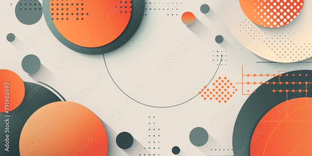 Poster a colorful background with circles and dots. the circles are orange and black, and the dots are whit
