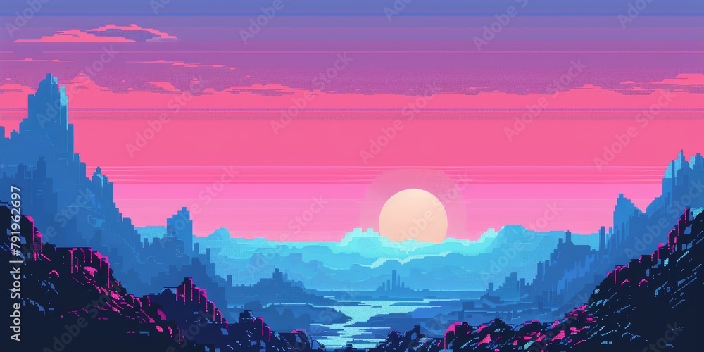 Poster a computer generated image of a mountain range with a pink and blue sky. the sun is setting in the d