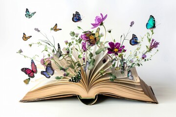 Open book with pages turning into flowers and butterflies 