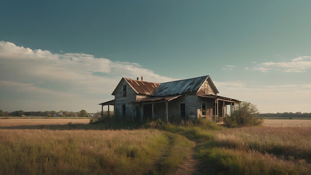 Softly landscape with an abandoned house in the field
