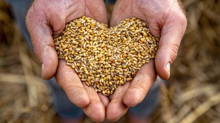 Obraz premium Hand holding wheat grains, a plant ingredient for cuisine