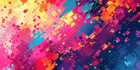 A colorful background with squares of different colors. The squares are arranged in a way that creates a sense of movement and energy. Scene is vibrant and dynamic