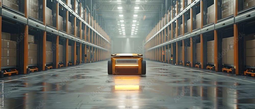 Poster automated robots move goods efficiently in warehouse settings. concept warehouse automation, robotic