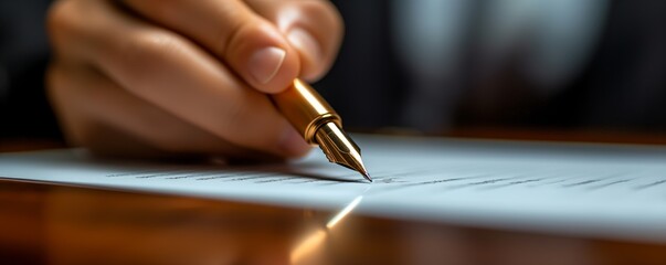 Sharp focus on gold fountain pen on document