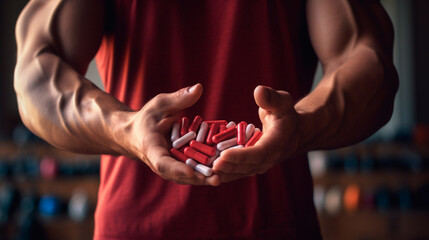 man 's hand holding a bunch of red pills on a black background.