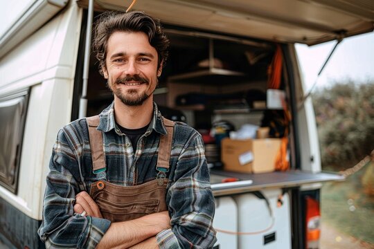 Content man with a goatee in a plaid shirt leaning on his campervan