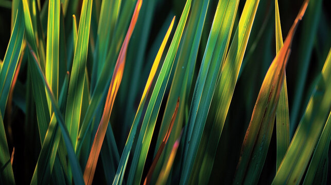 Bahia Grass blades up close, their slender forms and textured surface illuminated by soft sunlight, highlighting the unique patterns and colors found in this resilient and versatile grass species.