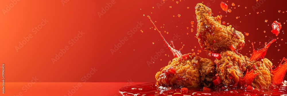 Poster a plate of fried chicken with a red sauce splattered on it. concept of indulgence and enjoyment, as 