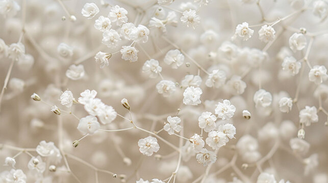 Baby's Breath blooms up close, their tiny white flowers and delicate stems creating a mesmerizing pattern that invites the viewer to appreciate the beauty of nature's simplicity.