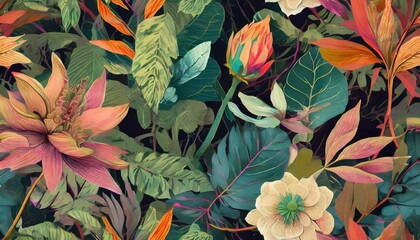 Seamless pattern background featuring a collection of vintage botanical illustrations with flowers and leaves in muted colors
