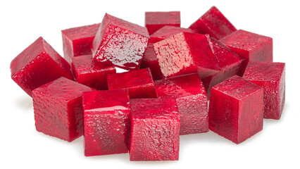 Raw red beetroot cubes isolated on white background.