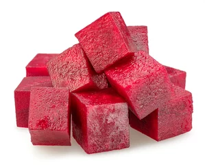 Foto op Plexiglas Raw red beetroot cubes isolated on white background. File contains clipping path. © volff