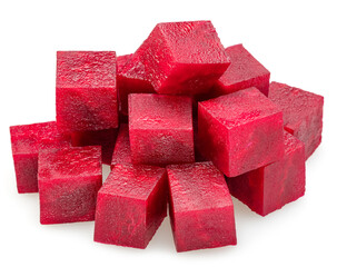 Raw red beetroot cubes isolated on white background.
