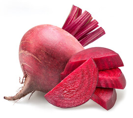 Red beetroot and beetroot slices isolated on white background.