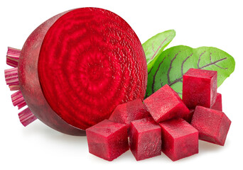 Red beetroot cross section and diced beetroot cuts isolated on white background.