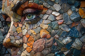 A woman's face is made of rocks and stones
