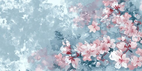 A painting of a blue sky with pink flowers. The flowers are in full bloom and are scattered throughout the painting. The sky is a light blue color with some white clouds. The painting has a serene