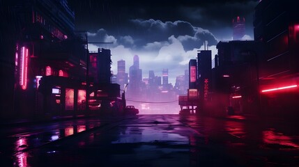  Immerse yourself in the enigmatic atmosphere of a nocturnal urban landscape, where the streets lie deserted under the glow of red and blue neon lights, their reflections mingling with wisps of smoke  - obrazy, fototapety, plakaty