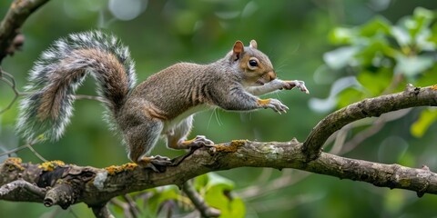 A squirrel is on a tree branch, looking for food. Concept of curiosity and determination as the squirrel searches for its next meal