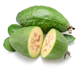 Feijoa fruits with leaves and feijoa cross sections isolated on white background.