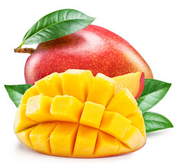 Mango fruit with green leaf and mango cut in hedgehog style on white background. File contains clipping path.
