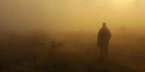 A man is walking through a foggy field. The sky is orange and the grass is tall