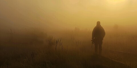 Fototapeta premium A man is walking through a foggy field. The sky is orange and the grass is tall