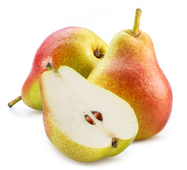 Ripe pears and cross section of pear with seeds isolated on white background.