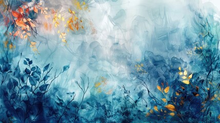 Abstract Stylish Background Wall with Watercolors, Paint, Forest, Plants, Flowers, Leaves, and Gold Elements