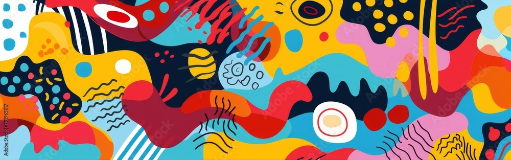 Poster a colorful abstract painting with a lot of different shapes and colors. the painting is full of ener