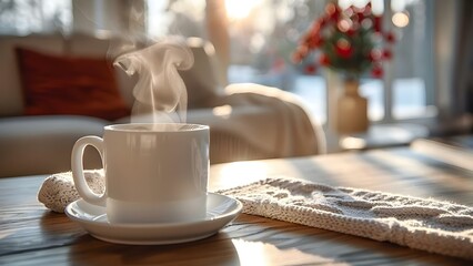 Snowy Morning Coziness: Steaming Coffee Mug in a Cozy Interior. Concept Winter Lifestyle, Cozy Home, Morning Rituals, Snowy Days, Coffee Moments