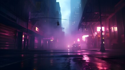  Traverse the empty streets of a darkened cityscape, where the wet asphalt reflects the vibrant neon lights above, casting an otherworldly glow on the concrete below, while tendrils of smoke curl and  - obrazy, fototapety, plakaty